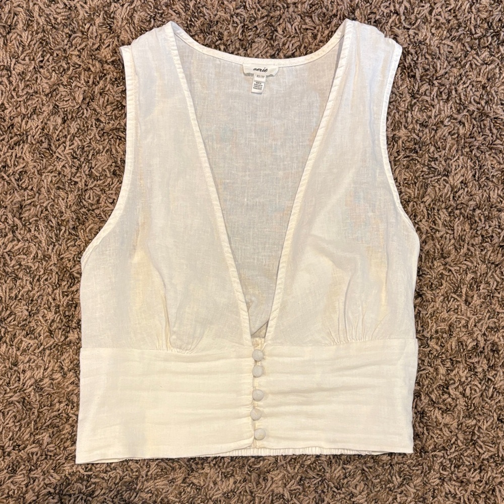 Aerie Cream Linen-Blend Plunging V-Neck Cropped Tank xs